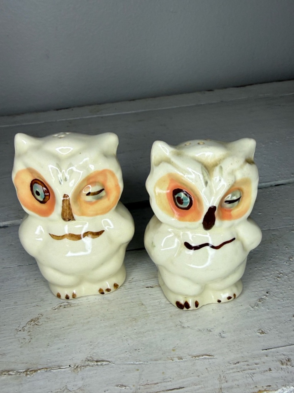 Vintage Ceramic Owl Salt & Pepper Shakers in Cream with Orange Accents